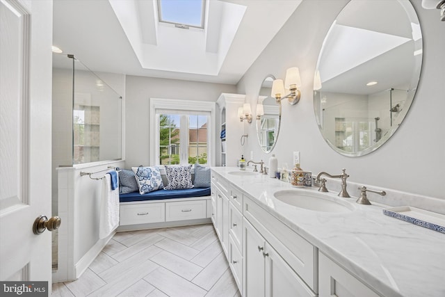 237 Trianon Ln, Villanova, PA 19085 - full bath featuring a tile shower, double vanity, and a skylight