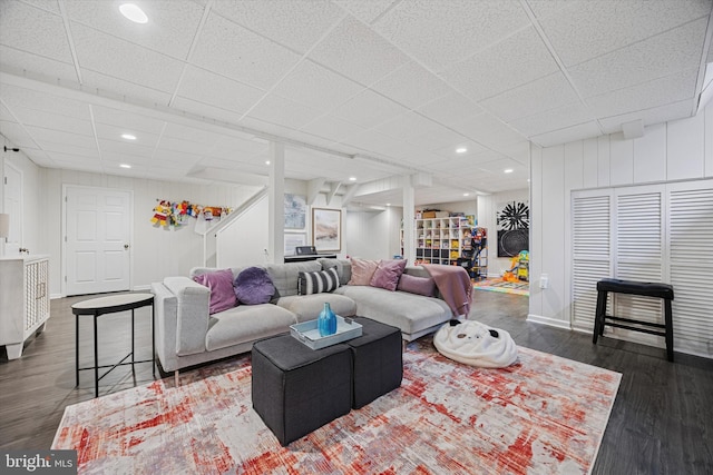 237 Trianon Ln, Villanova, PA 19085 - living area with dark wood-style flooring, a paneled ceiling, recessed lighting, and baseboards