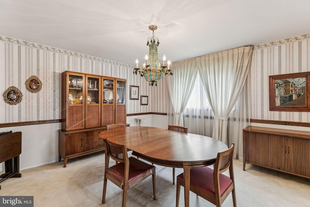 5 S Syracuse Dr, Cherry Hill, NJ 08034 - dining space with wallpapered walls, radiator heating unit, a chandelier, and light colored carpet