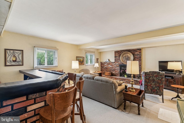 5 S Syracuse Dr, Cherry Hill, NJ 08034 - carpeted living room featuring a brick fireplace and beam ceiling