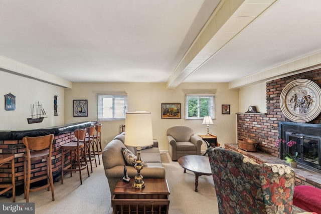 5 S Syracuse Dr, Cherry Hill, NJ 08034 - living room with a bar, carpet floors, and a brick fireplace