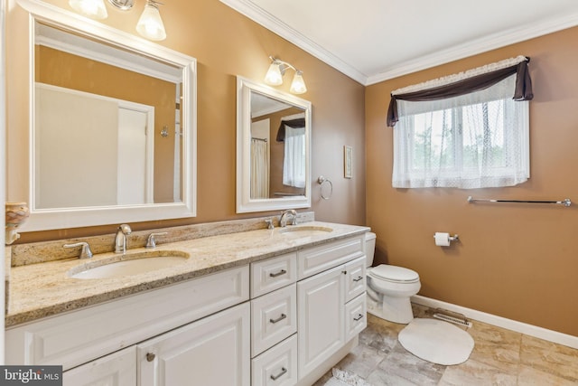 5 S Syracuse Dr, Cherry Hill, NJ 08034 - full bath featuring double vanity, ornamental molding, toilet, baseboards, and curtained shower