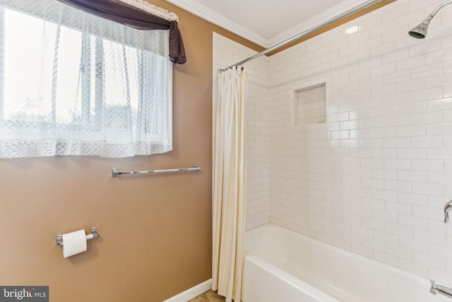 5 S Syracuse Dr, Cherry Hill, NJ 08034 - bathroom featuring shower / tub combo with curtain, ornamental molding, and baseboards