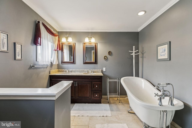 5 S Syracuse Dr, Cherry Hill, NJ 08034 - full bathroom featuring vanity, a freestanding tub, crown molding, and baseboards