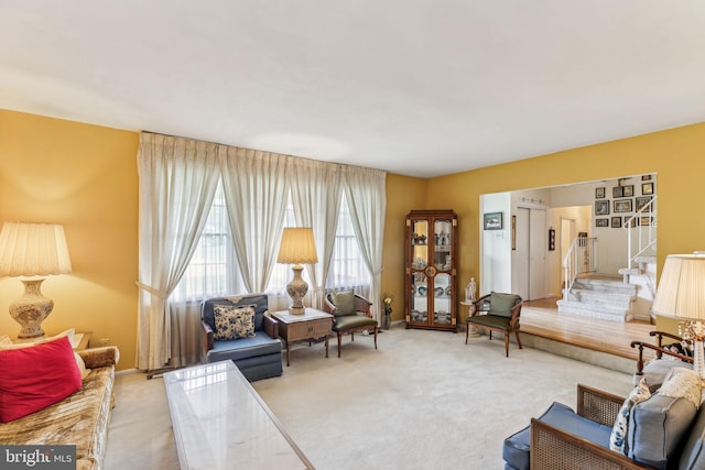 5 S Syracuse Dr, Cherry Hill, NJ 08034 - living area with carpet flooring, stairway, and baseboards