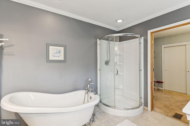 5 S Syracuse Dr, Cherry Hill, NJ 08034 - full bathroom featuring a stall shower, a freestanding bath, ornamental molding, recessed lighting, and baseboards