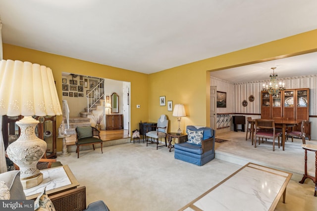 5 S Syracuse Dr, Cherry Hill, NJ 08034 - carpeted living area with stairway and a chandelier