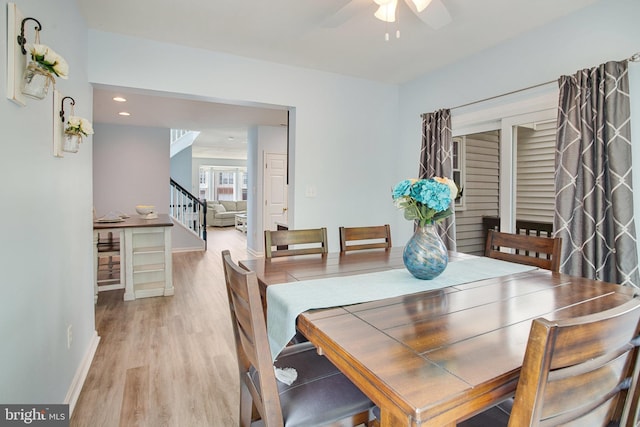 8859 Howland Pl, Bristow, VA 20136 - dining space with ceiling fan, stairway, light wood-style flooring, and recessed lighting