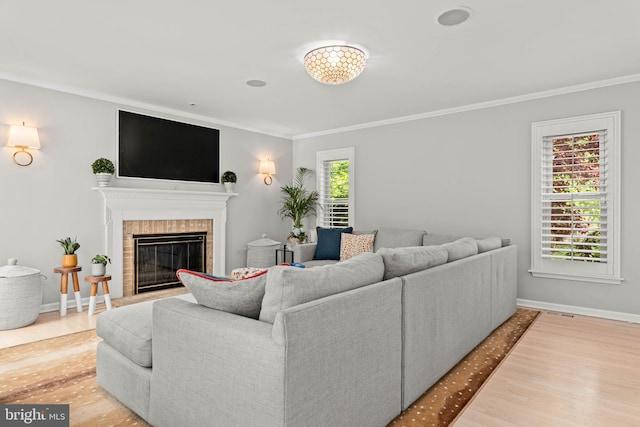 725 Cornerstone Ln, Bryn Mawr, PA 19010 - living room featuring wood finished floors, a fireplace, ornamental molding, and baseboards