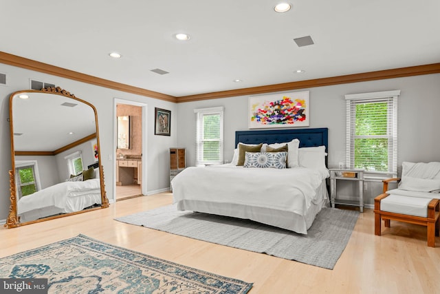 725 Cornerstone Ln, Bryn Mawr, PA 19010 - bedroom featuring crown molding, multiple windows, light wood-type flooring, recessed lighting, and baseboards
