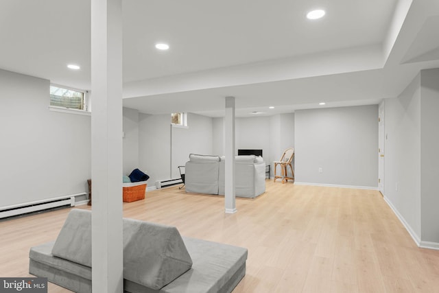 725 Cornerstone Ln, Bryn Mawr, PA 19010 - living room featuring light wood finished floors, a baseboard heating unit, baseboards, and recessed lighting