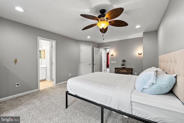 13503 Bannacker Pl, Herndon, VA 20171 - bedroom with recessed lighting, light colored carpet, ensuite bathroom, and ceiling fan