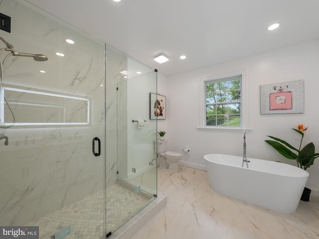 5503 Blacksburg Rd, Springfield, VA 22151 - bathroom with recessed lighting, a marble finish shower, a freestanding bath, marble finish flooring, and baseboards