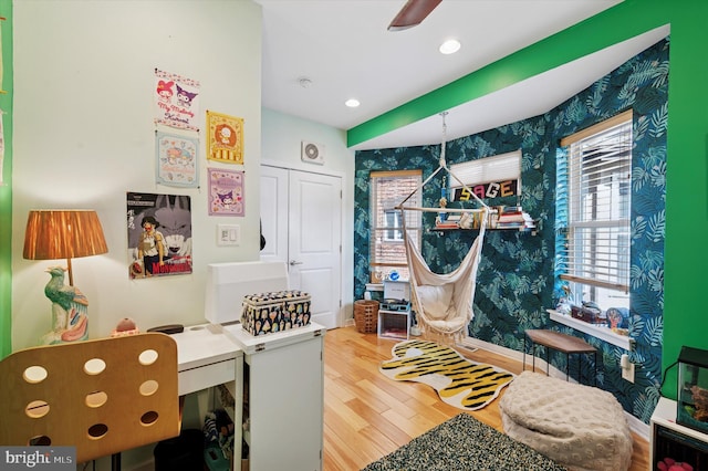 810 S 49th St, Philadelphia, PA 19143 - rec room featuring wallpapered walls, wood finished floors, ceiling fan, and recessed lighting