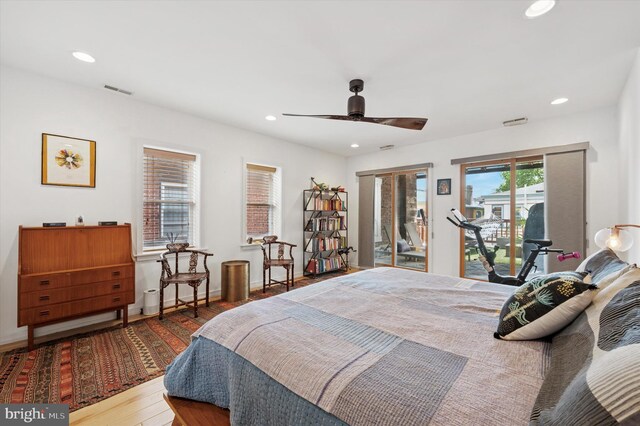810 S 49th St, Philadelphia, PA 19143 - bedroom featuring access to exterior, recessed lighting, wood finished floors, and a ceiling fan