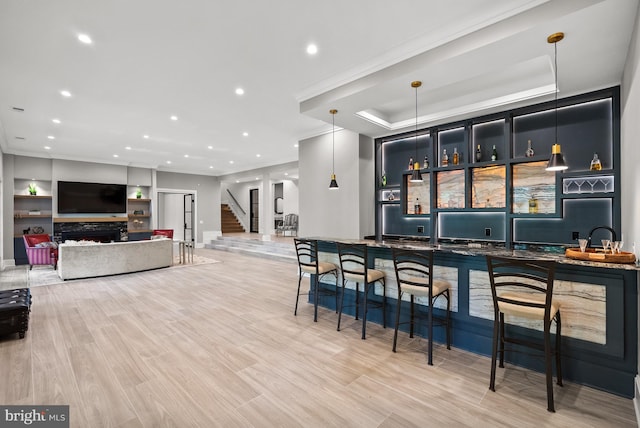 825 Whann Ave, Mclean, VA 22101 - indoor bar with stairs, recessed lighting, wood finished floors, hanging light fixtures, and crown molding