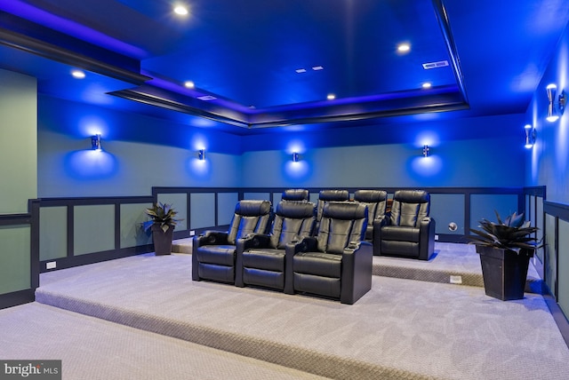 825 Whann Ave, Mclean, VA 22101 - carpeted cinema featuring a raised ceiling, a decorative wall, recessed lighting, and a wainscoted wall