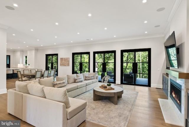 825 Whann Ave, Mclean, VA 22101 - living room featuring healthy amount of natural light, recessed lighting, light wood finished floors, a fireplace, and ornamental molding