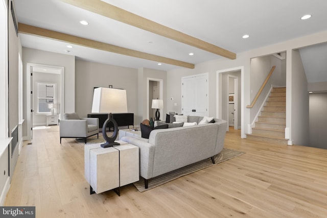 1749 Beulah Rd, Vienna, VA 22182 - living area featuring beamed ceiling, light wood-type flooring, stairway, and recessed lighting