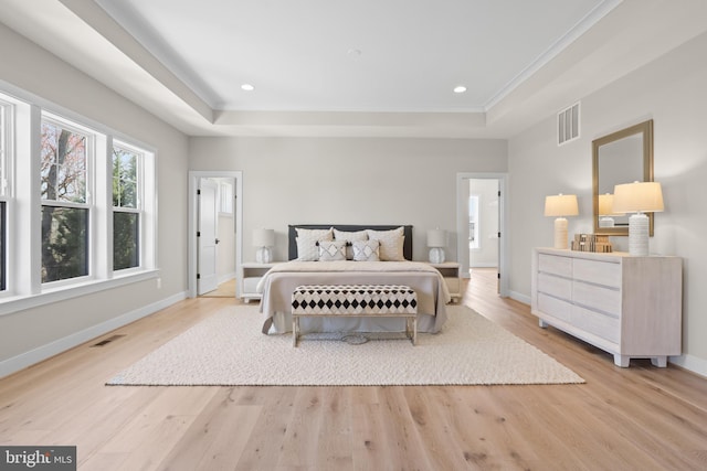 1749 Beulah Rd, Vienna, VA 22182 - bedroom featuring a raised ceiling, wood finished floors, baseboards, ornamental molding, and recessed lighting