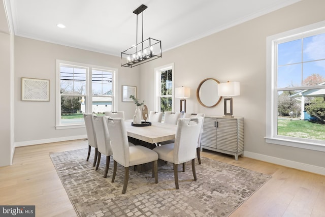 1749 Beulah Rd, Vienna, VA 22182 - dining space featuring a chandelier, crown molding, baseboards, light wood-style flooring, and recessed lighting