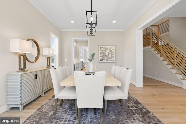 1749 Beulah Rd, Vienna, VA 22182 - dining space featuring light wood-type flooring, stairway, ornamental molding, baseboards, and recessed lighting