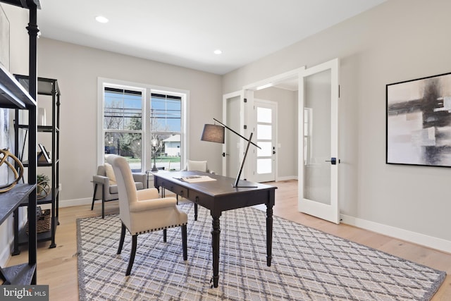 1749 Beulah Rd, Vienna, VA 22182 - office area featuring french doors, light wood finished floors, baseboards, and recessed lighting