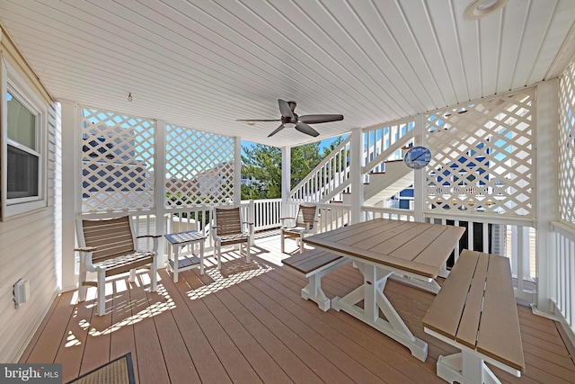 10 E 16th St, Long Beach Township, NJ 08008 - wooden terrace featuring ceiling fan, stairs, and outdoor dining space