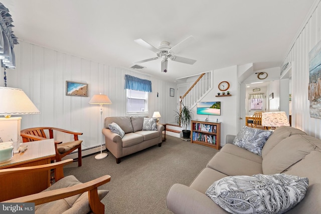10 E 16th St, Long Beach Township, NJ 08008 - carpeted living room with stairs, a ceiling fan, and a baseboard heating unit