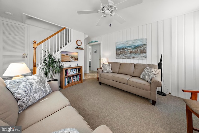 10 E 16th St, Long Beach Township, NJ 08008 - carpeted living room with stairway and ceiling fan