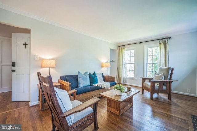 3930 6th St S, Arlington, VA 22204 - living room featuring ornamental molding, baseboards, and dark wood-type flooring