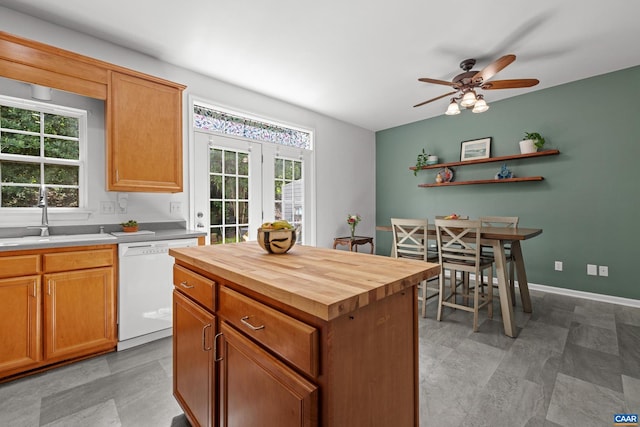 4760 Bluejay Way, Charlottesville, VA 22911 - kitchen with white dishwasher, a sink, wooden counters, and plenty of natural light