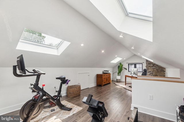 137 Sutton Rd, Ardmore, PA 19003 - exercise room featuring a skylight, vaulted ceiling, wood finished floors, baseboards, and recessed lighting