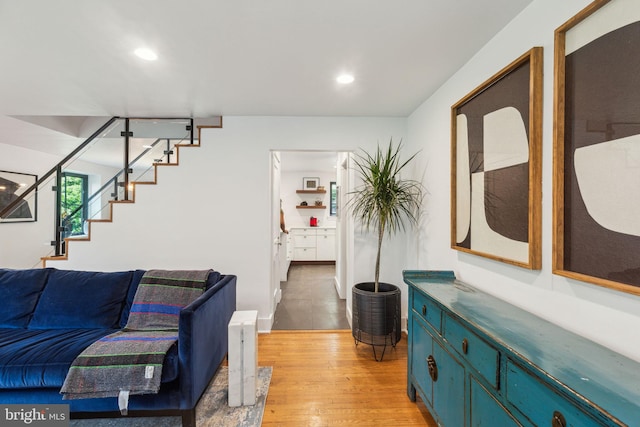 137 Sutton Rd, Ardmore, PA 19003 - living area featuring light wood-style flooring, stairs, and recessed lighting