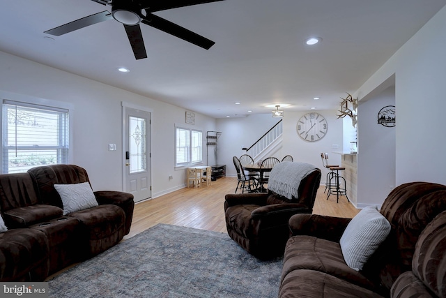 3530 Baker Rd, Westminster, MD 21157 - living area with ceiling fan, light wood-style floors, recessed lighting, stairway, and baseboards