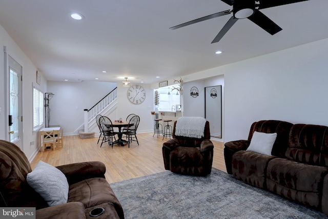 3530 Baker Rd, Westminster, MD 21157 - living room with stairway, wood finished floors, ceiling fan, recessed lighting, and baseboards