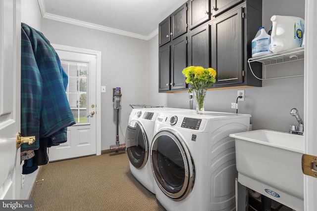 7 Seedling Dr, Holland, PA 18966 - washroom featuring cabinet space, washer and clothes dryer, ornamental molding, and carpet flooring