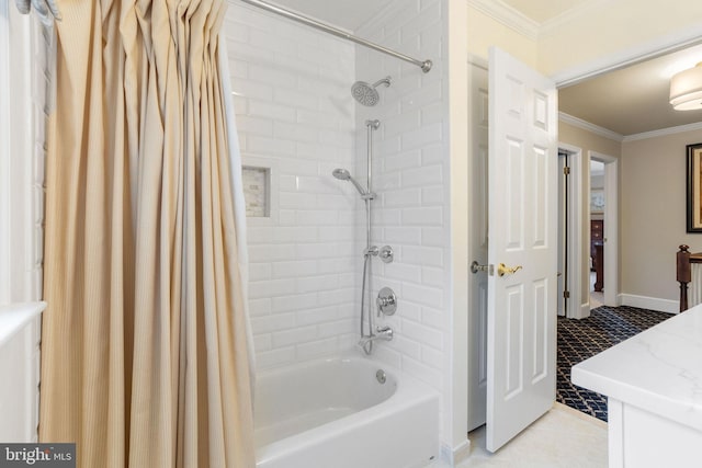 7 Seedling Dr, Holland, PA 18966 - full bath with shower / bathtub combination with curtain, tile patterned floors, vanity, ornamental molding, and baseboards