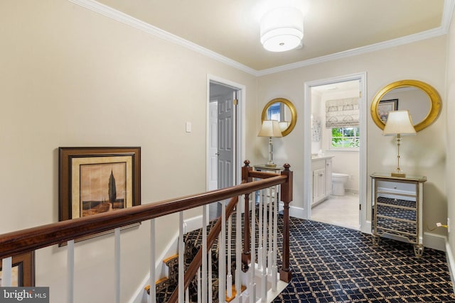 7 Seedling Dr, Holland, PA 18966 - hall with crown molding, carpet, baseboards, and an upstairs landing