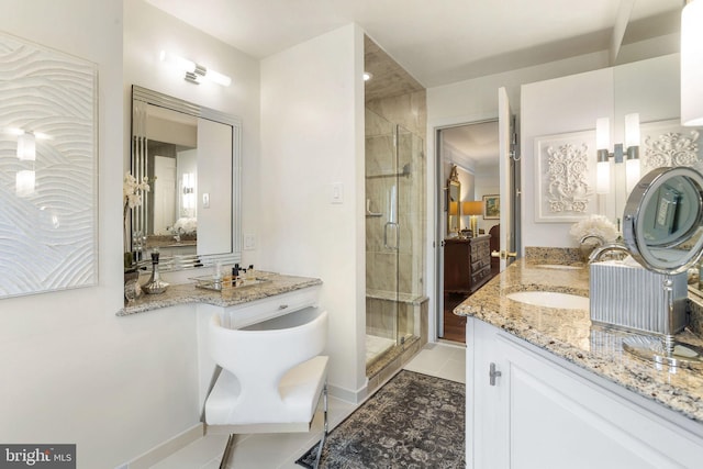 7 Seedling Dr, Holland, PA 18966 - bathroom featuring a stall shower, vanity, tile patterned flooring, and baseboards
