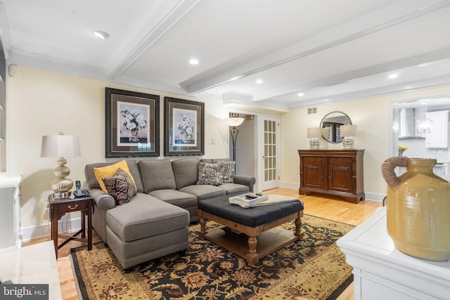 7 Seedling Dr, Holland, PA 18966 - living room featuring light wood-style flooring, beamed ceiling, baseboards, and recessed lighting