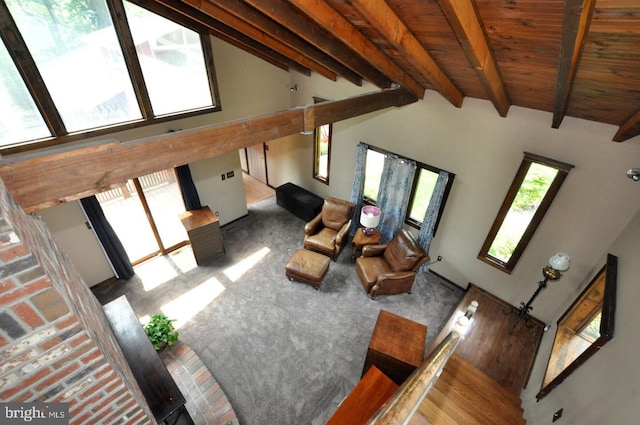 439 Landing St, Lumberton, NJ 08048 - carpeted living area with wooden ceiling with exposed beams and high vaulted ceiling