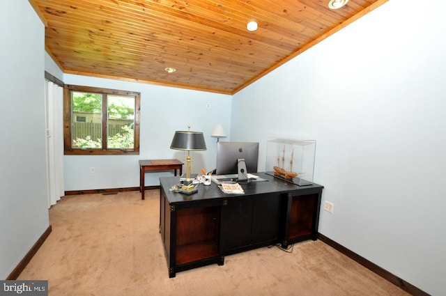 439 Landing St, Lumberton, NJ 08048 - home office with light carpet, wood ceiling, lofted ceiling, and baseboards