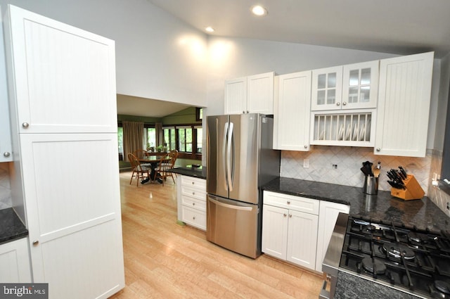 439 Landing St, Lumberton, NJ 08048 - kitchen with freestanding refrigerator, light wood-type flooring, backsplash, recessed lighting, and white cabinetry