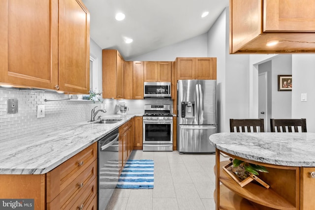 5209 Stonington Dr, Fairfax, VA 22032 - kitchen featuring stainless steel appliances, a sink, decorative backsplash, open shelves, and light stone countertops