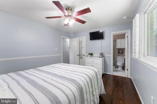 5209 Stonington Dr, Fairfax, VA 22032 - bedroom with dark wood finished floors, baseboards, connected bathroom, and a ceiling fan