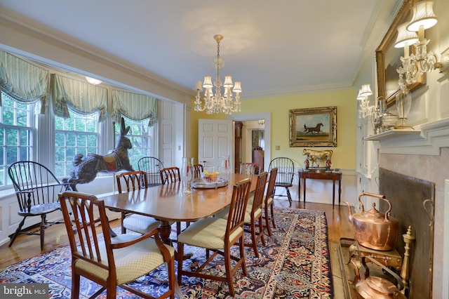 140 Evans Hill Rd, Reading, PA 19608 - dining area with ornamental molding, a chandelier, and wood finished floors