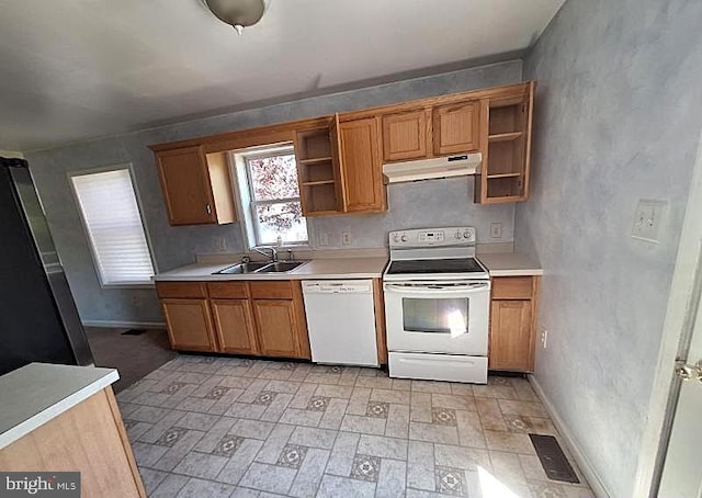 226 Bethel Rd, Somers Point, NJ 08244 - kitchen with white appliances, under cabinet range hood, open shelves, a sink, and light countertops