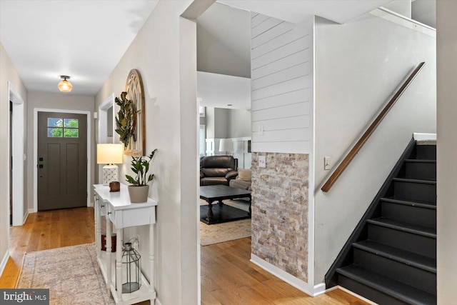 9 Tally Ho Dr, Fredericksburg, VA 22405 - entrance foyer featuring light wood finished floors, stairway, and baseboards