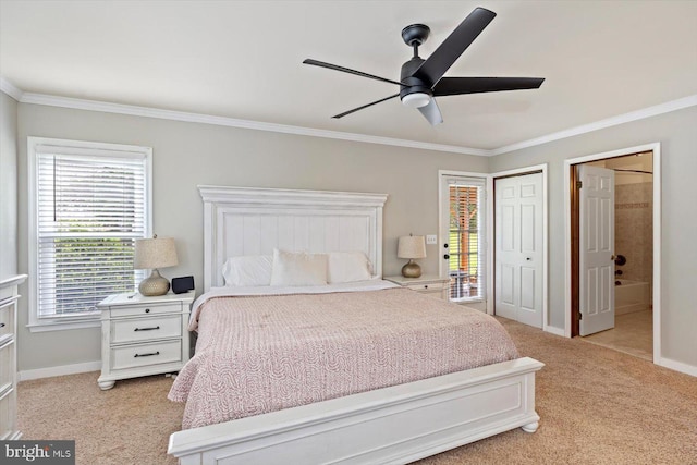 9 Tally Ho Dr, Fredericksburg, VA 22405 - bedroom with light colored carpet, crown molding, baseboards, ensuite bathroom, and ceiling fan